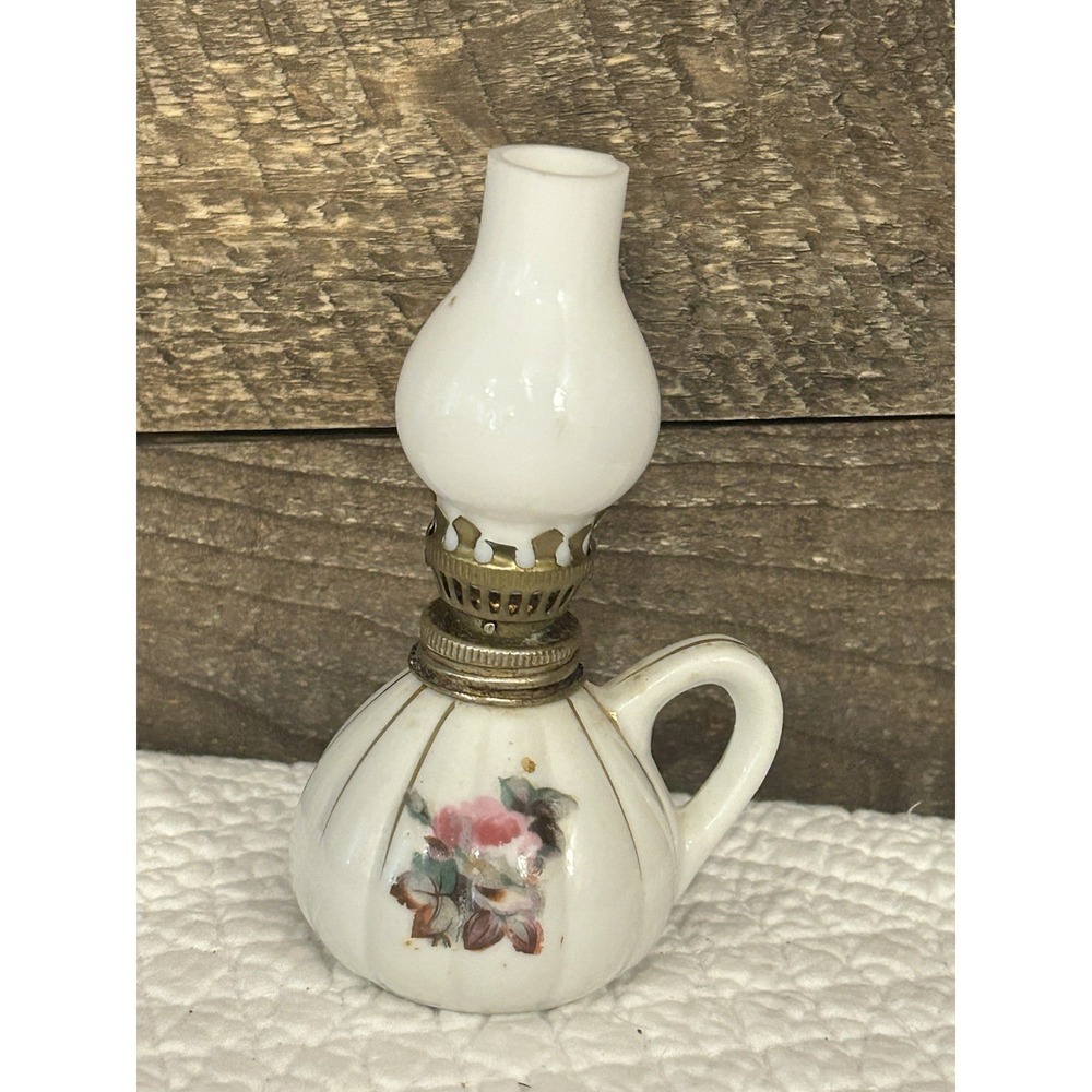 Vintage Miniature Kerosene Oil Lamp With Milk Glass Chimney White‎ W/ Flowers